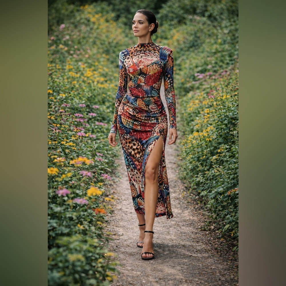 NWT Farm Rio Long-Sleeve Mesh Slim Midi Dress Size M - Picture 4 of 7